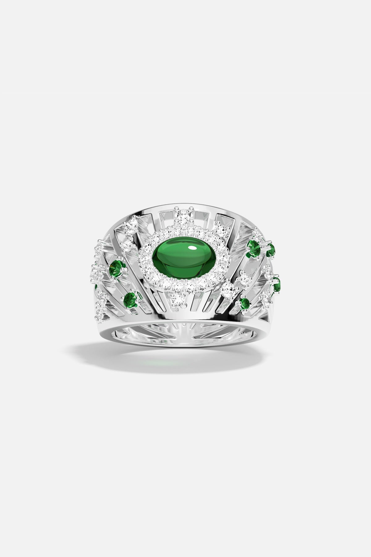 APM Ring, a radiant green centerpiece framed in rhodium finish brilliance.