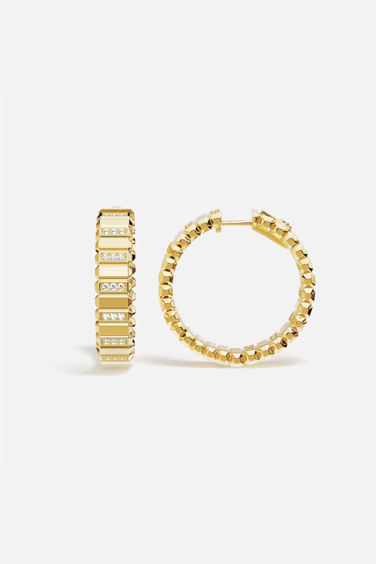 APM Hoop Earrings in golden color, faceted architecture with a radiant modern edge.