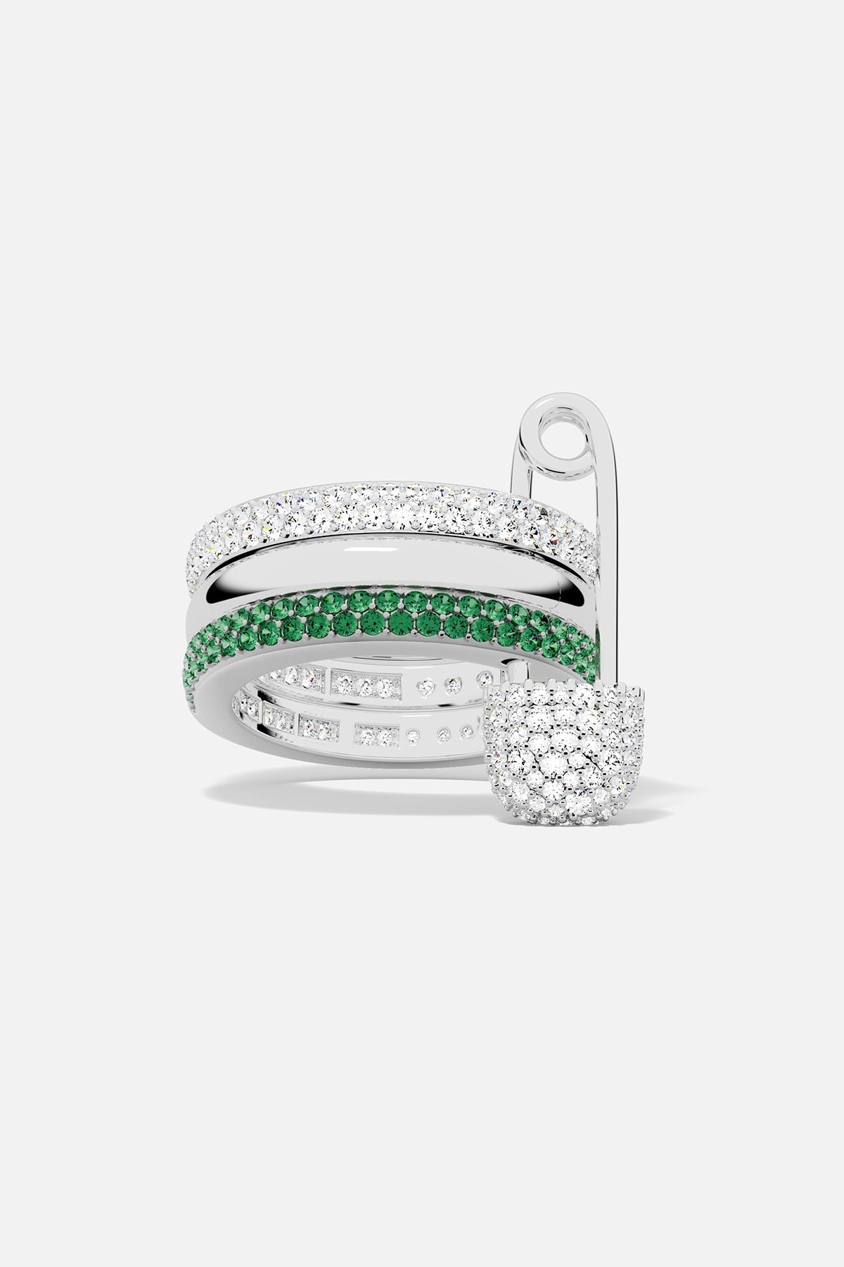 APM MONACO Silver ring with a silver pin and green stones on a white background
