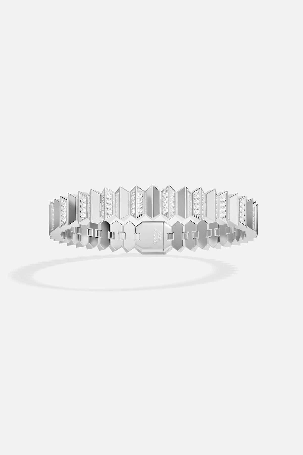 Silver bracelet with geometric design on a white background