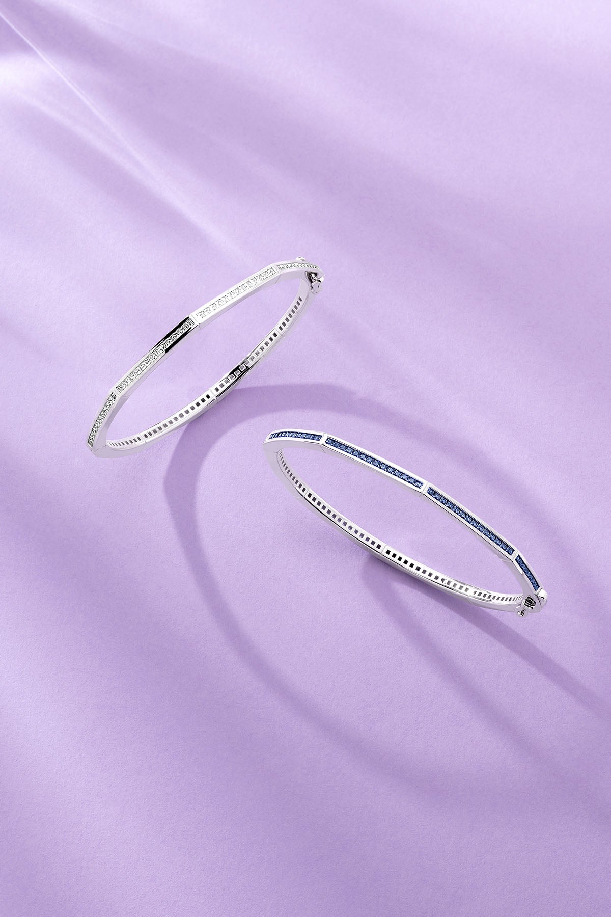 Blue Geometric Pavé Bangle on a purple background