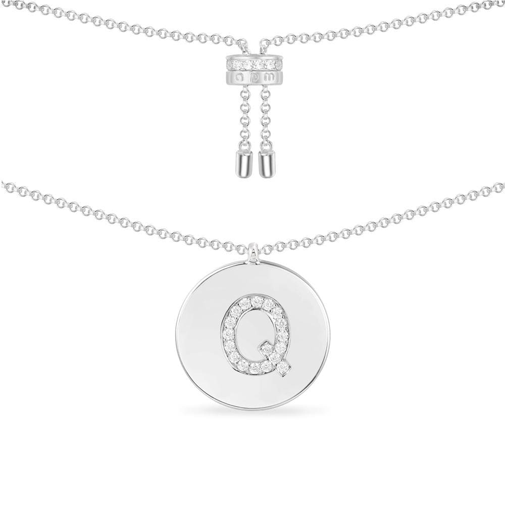 Necklaces APM Monaco white bolo chain necklace with a round pavé letter Q pendant.