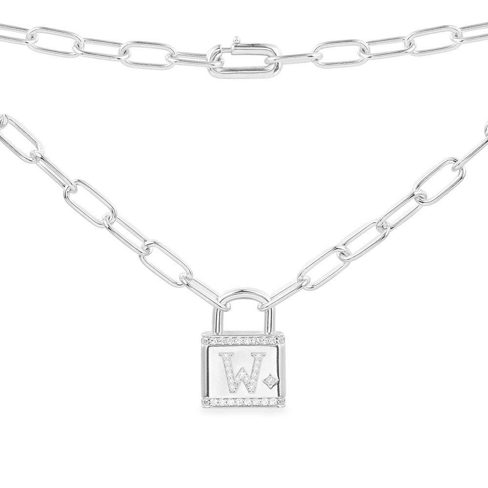 Necklaces APM Monaco: silver chain necklace with an interlocking clasp and a padlock pendant bearing the letter W.
