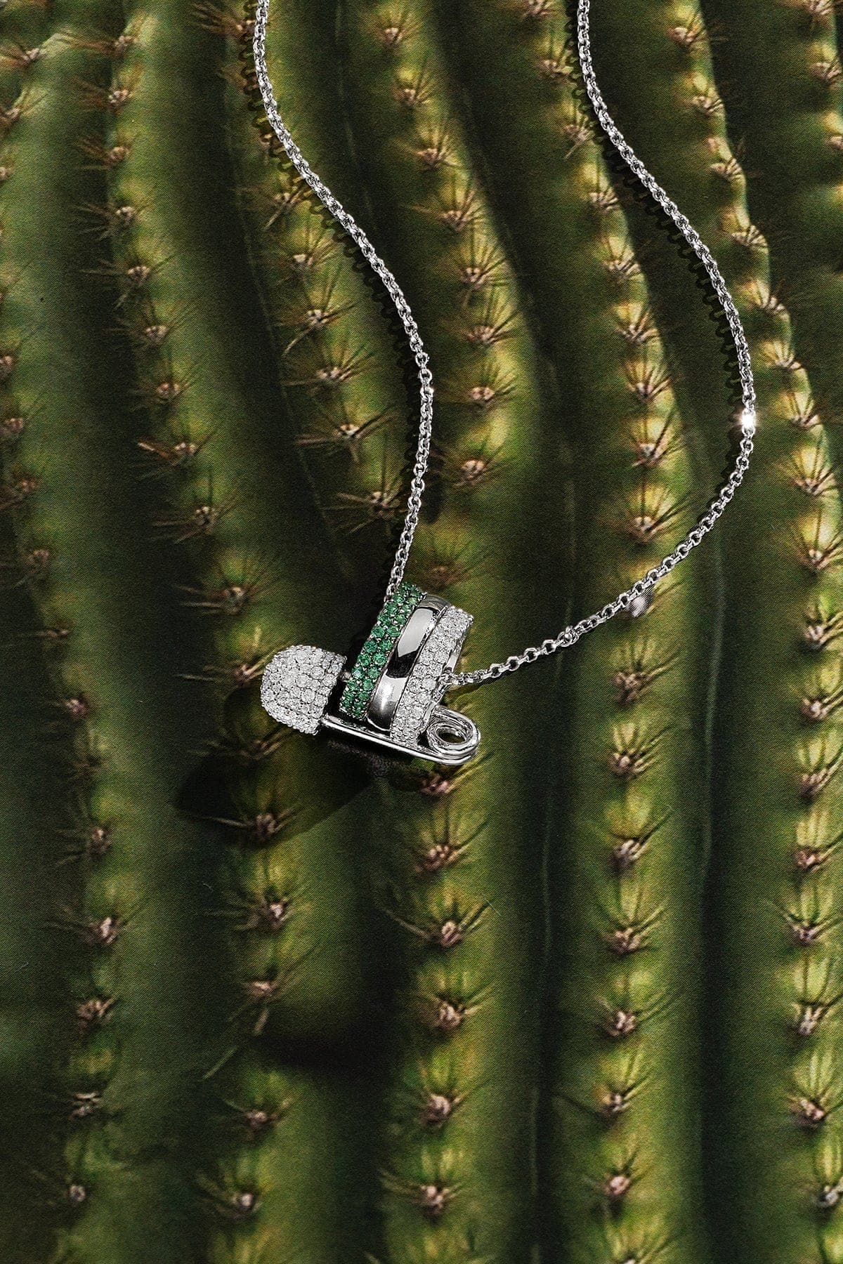Silver necklace with a pendant on a cactus background