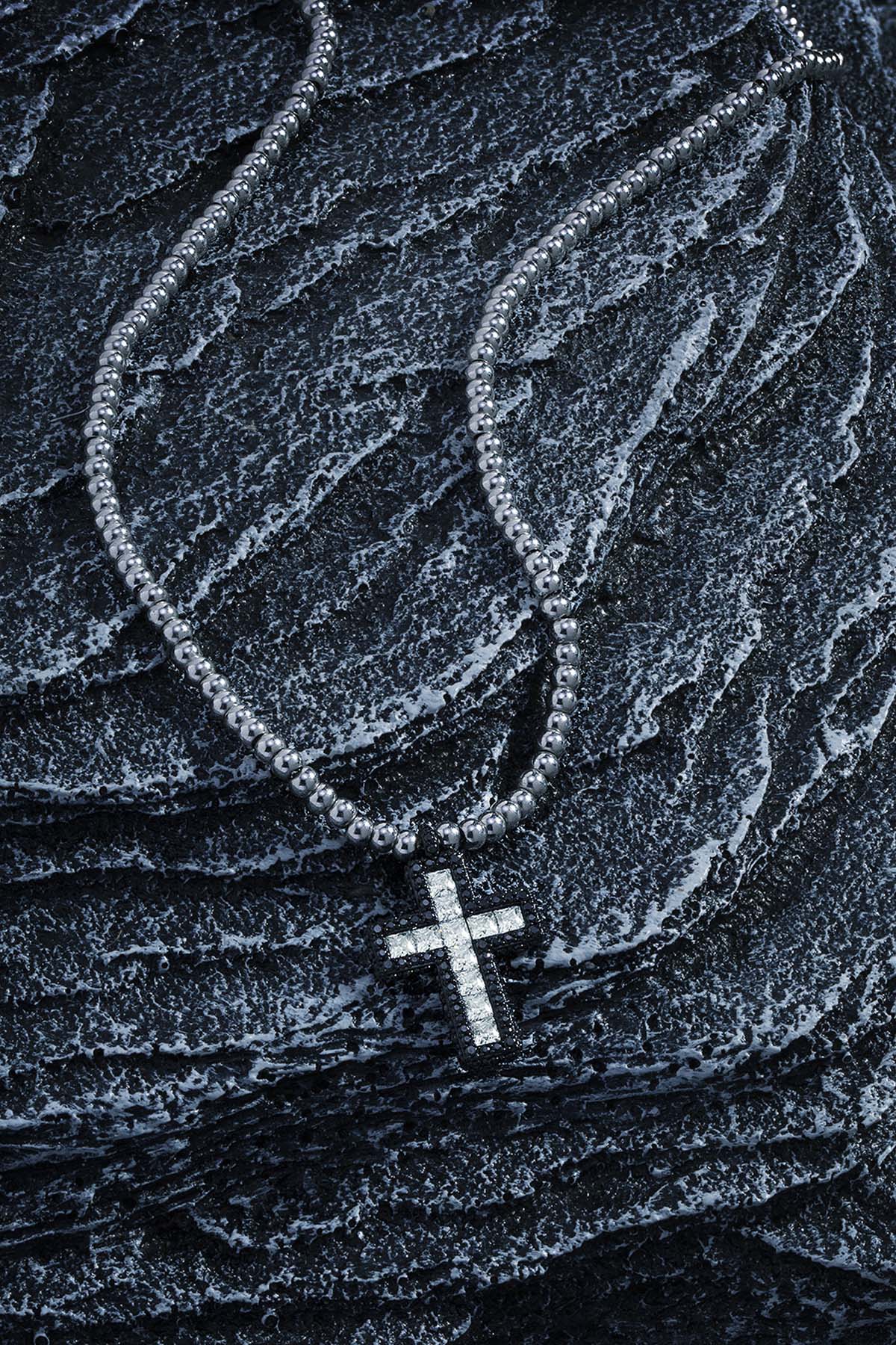 Necklaces APM Monaco black pave cross adjustable necklace with beads.