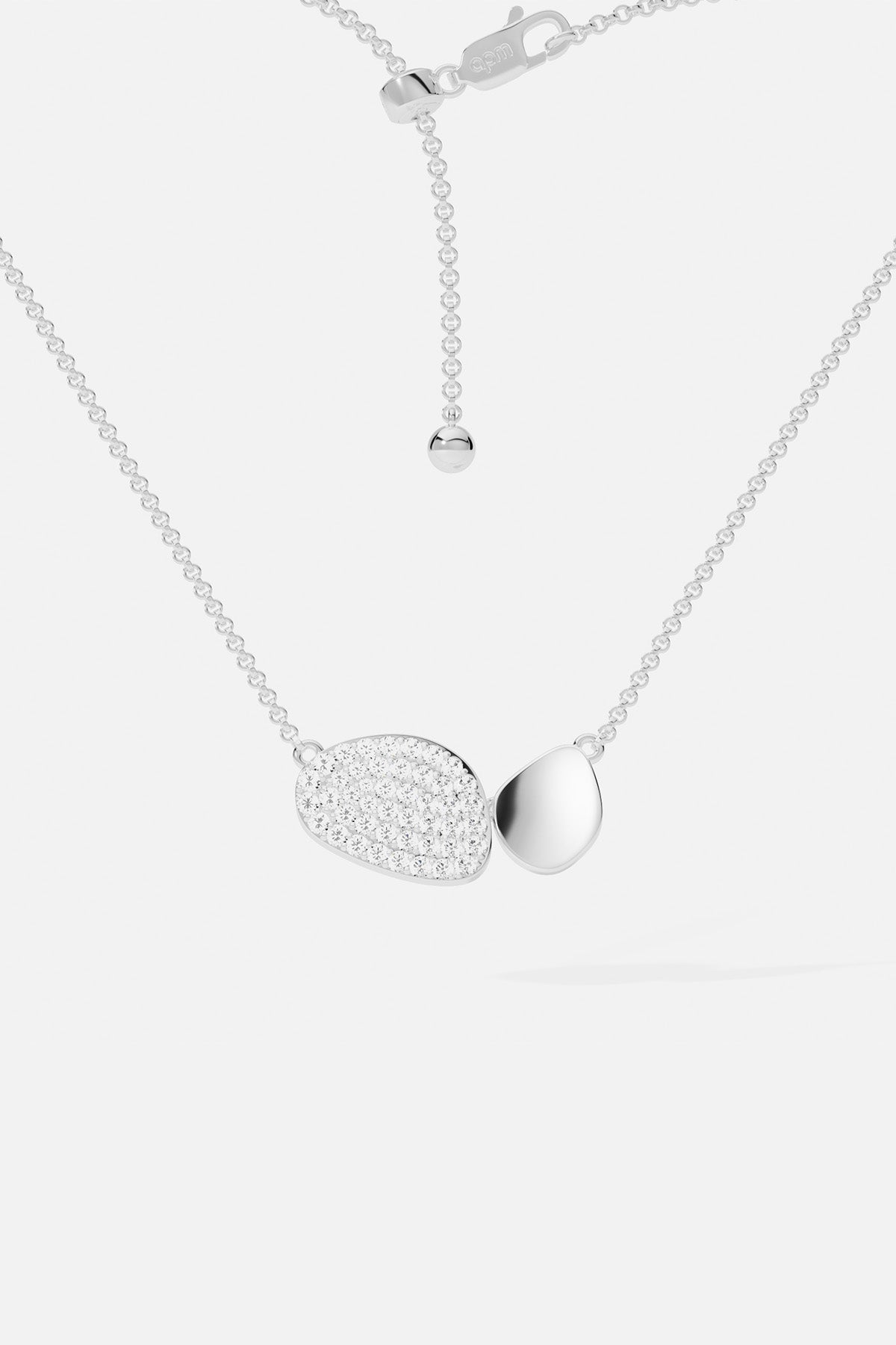 Necklaces APM Monaco: white rhodium-plated silver adjustable necklace with two asymmetrical pendants and pavé zirconia accents.