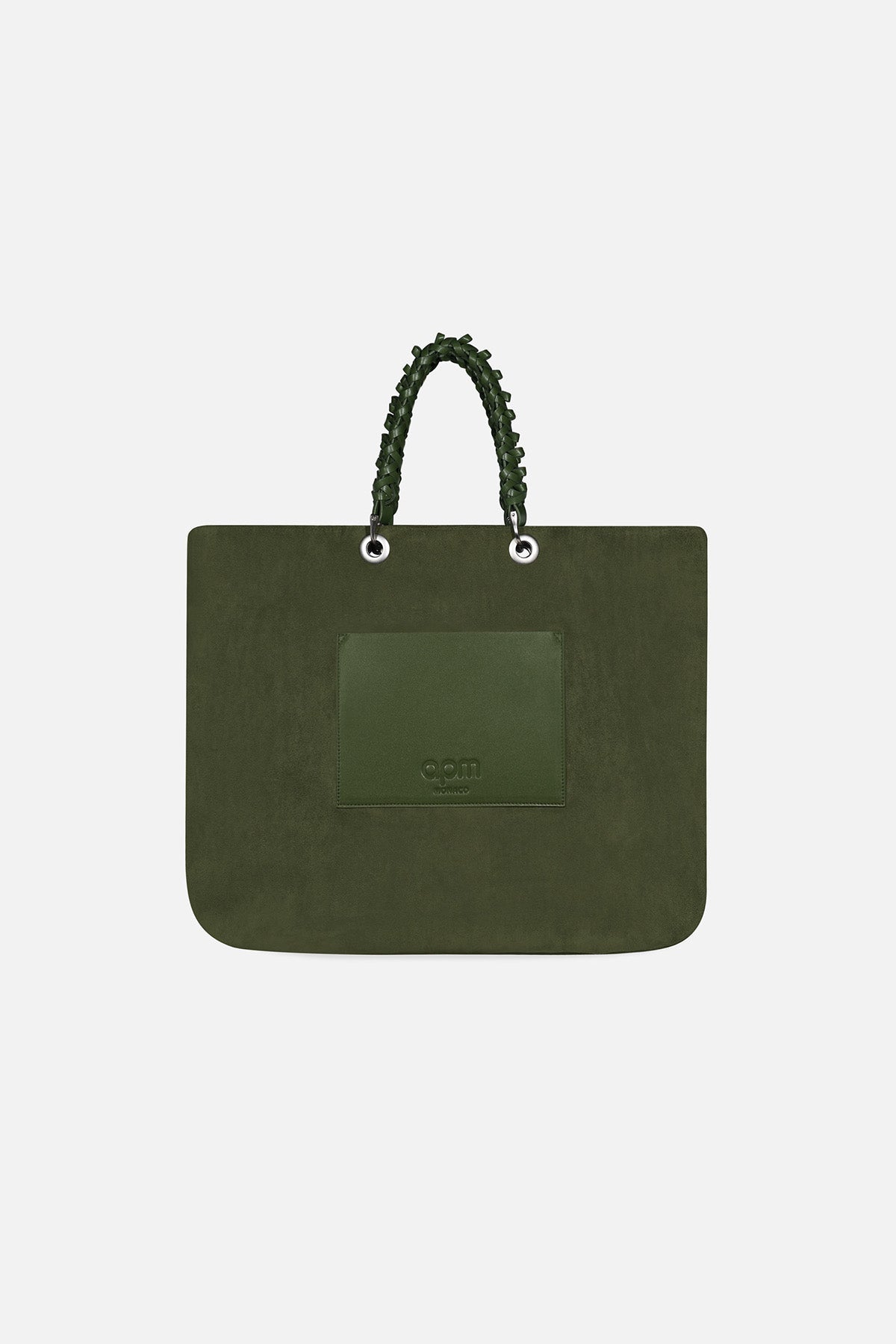 Green handbag with braided handle on a white background