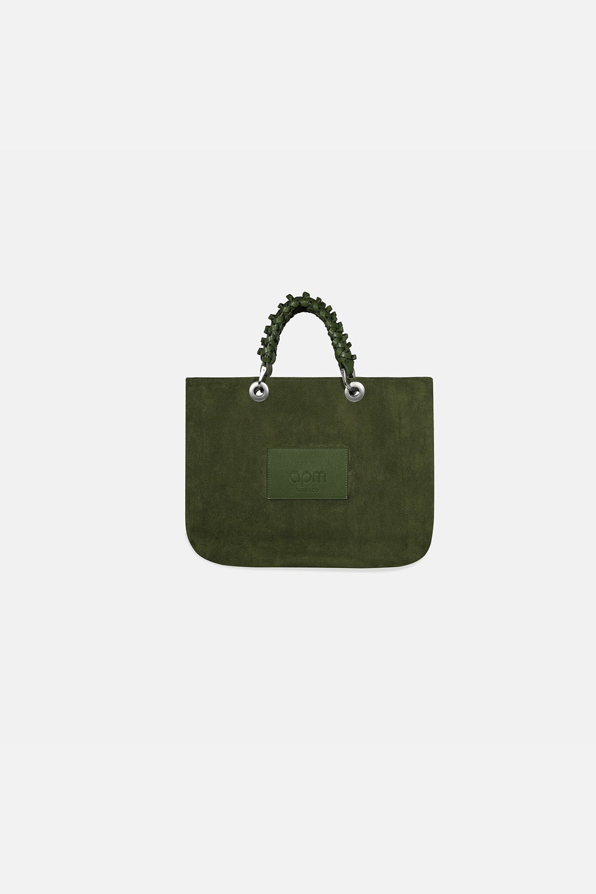 Green handbag with decorative handle on a white background