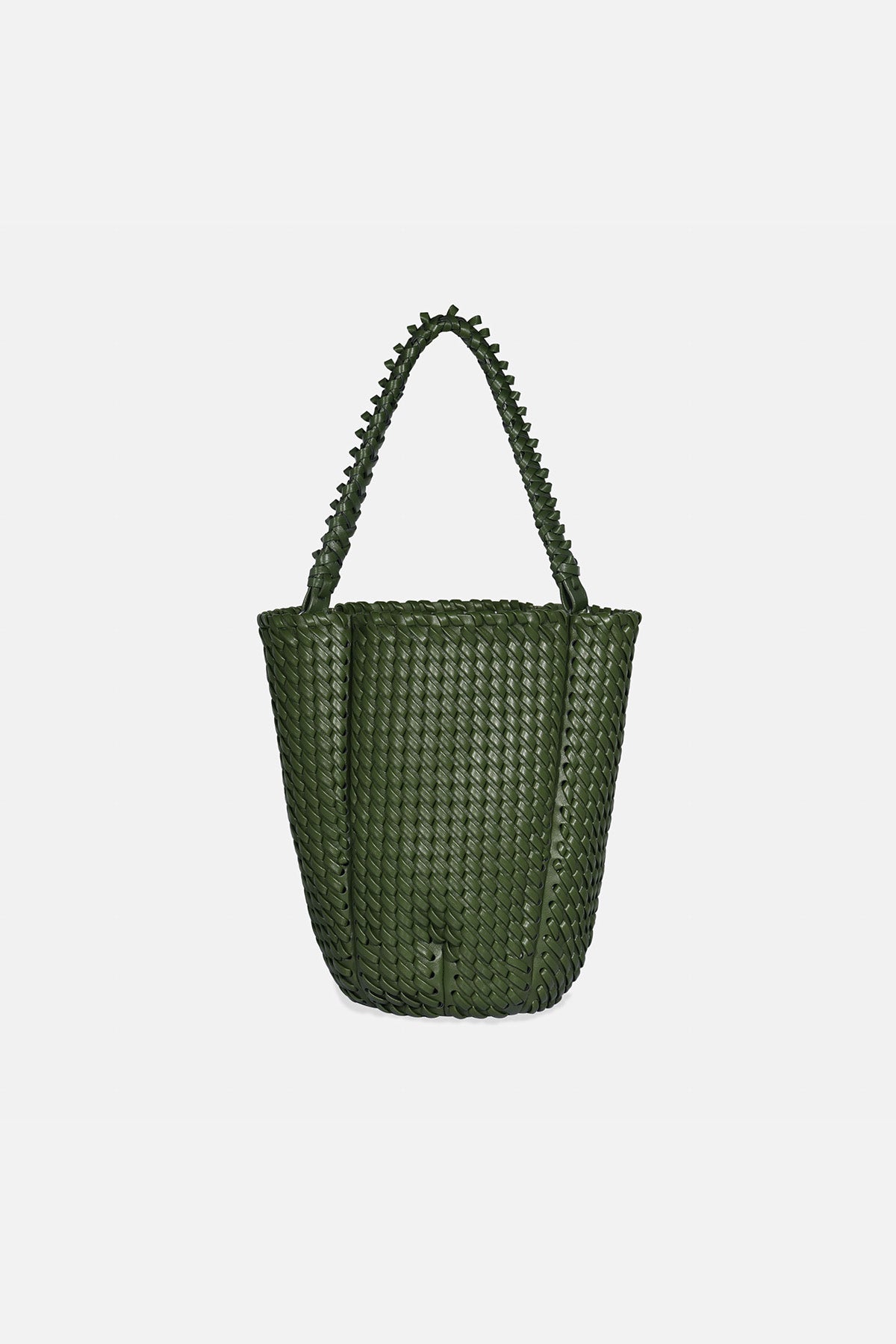 Green woven bucket bag with studded details on a white background