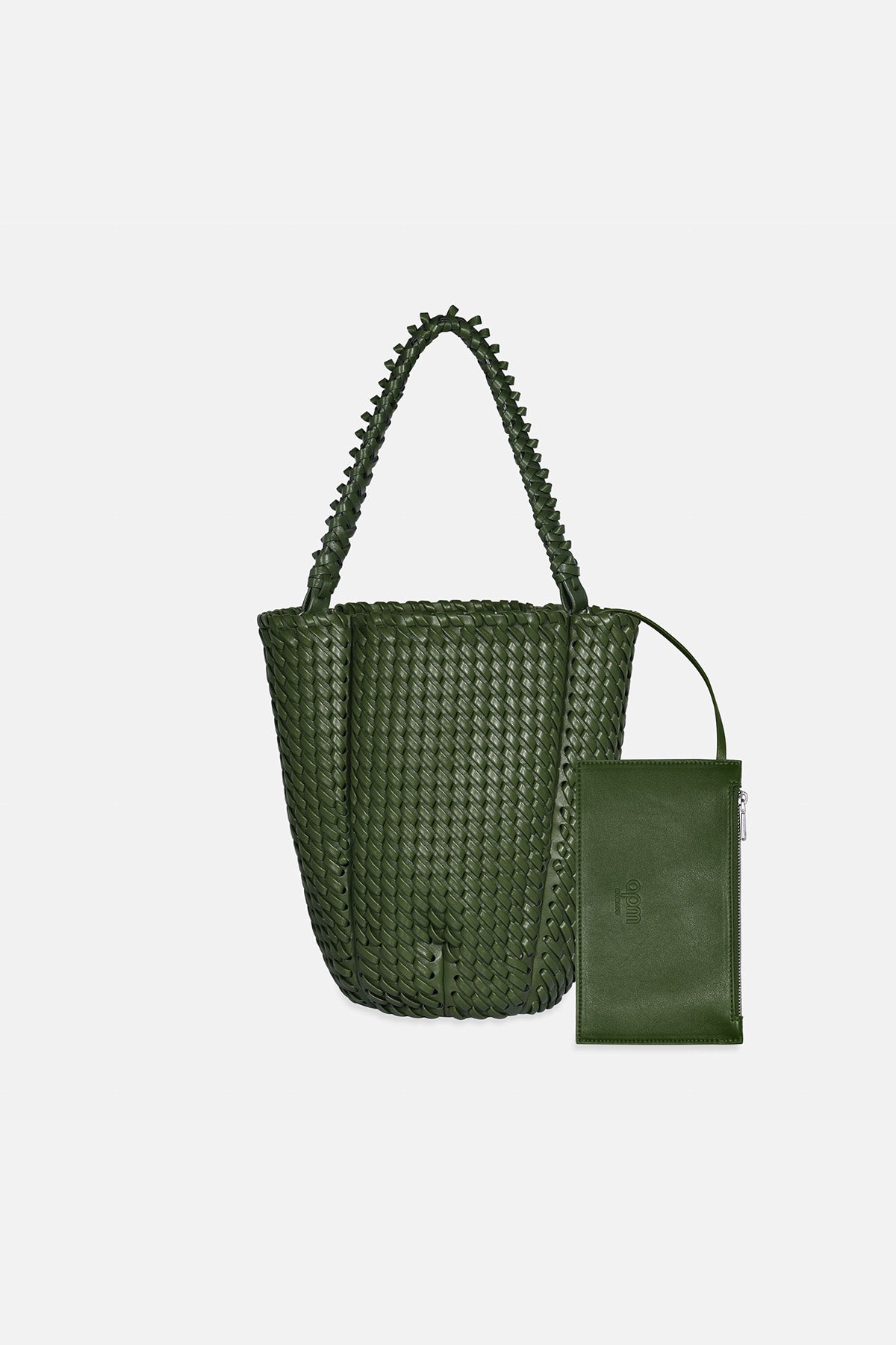 Green woven handbag with matching pouch on a white background