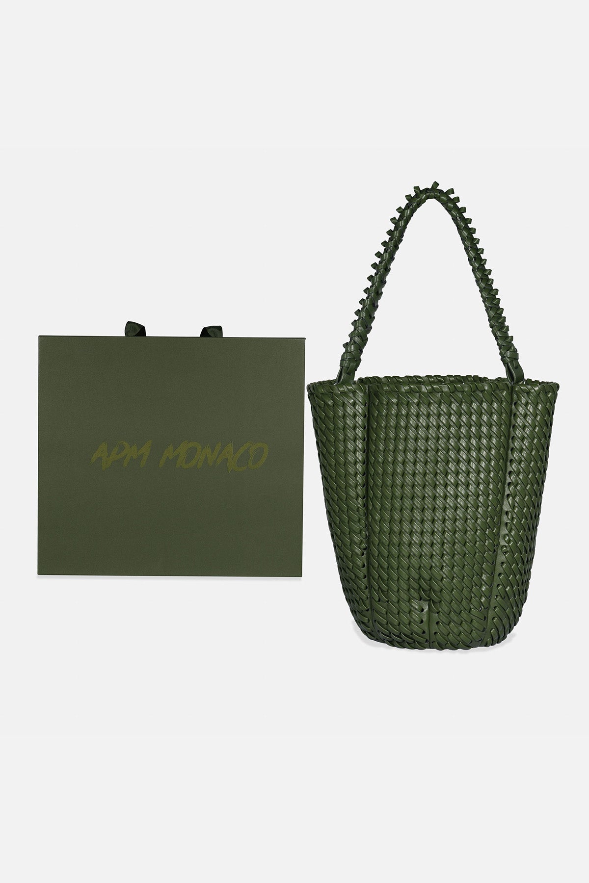 Green woven handbag on a white background