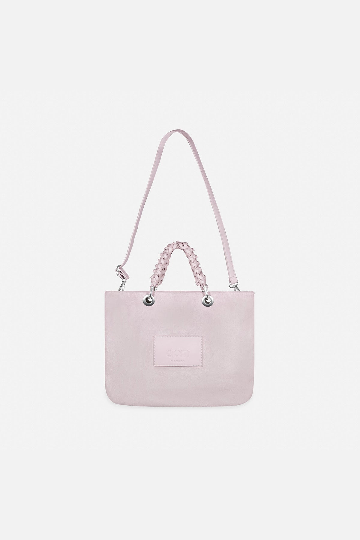 APM MONACO lavande handbag with a small square patch on a white background