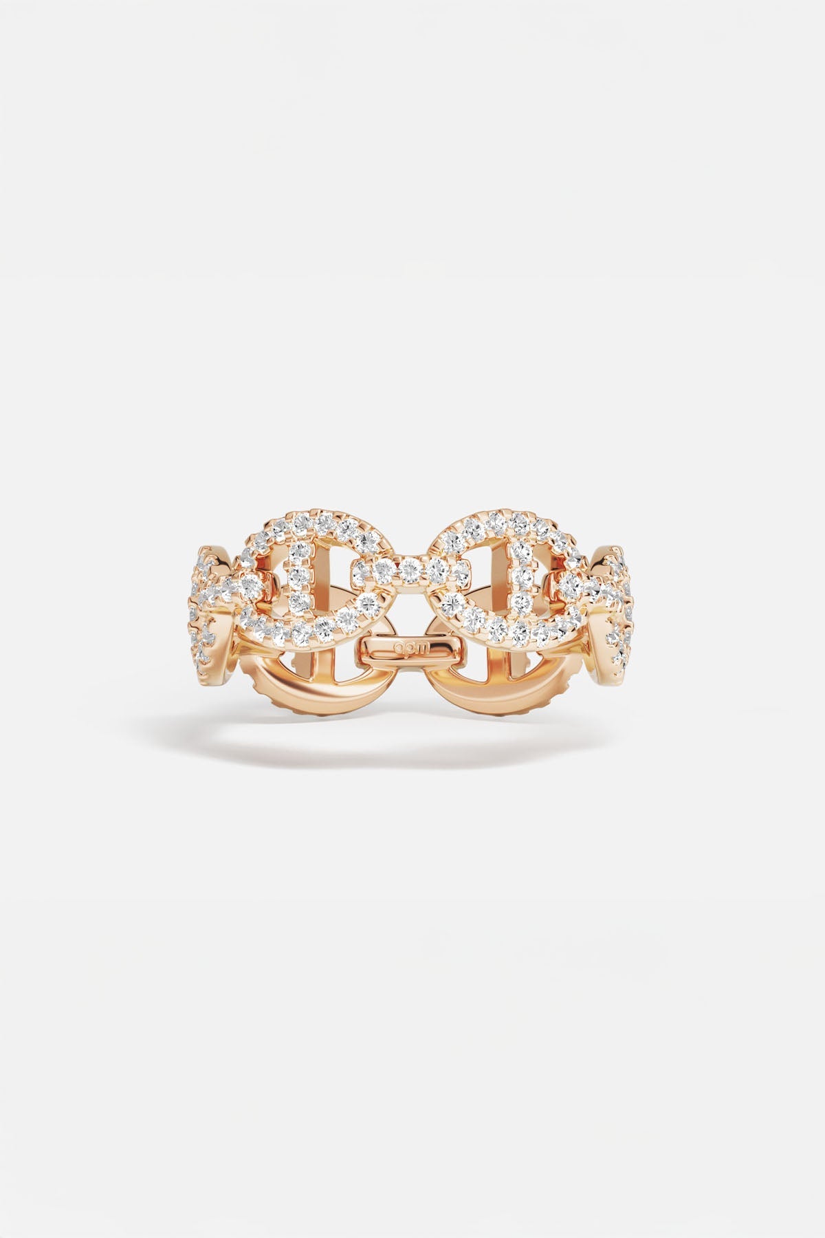 Rings APM Monaco rose gold maille marine ring with a distinctive linked chain design and pave white cubic zirconia.