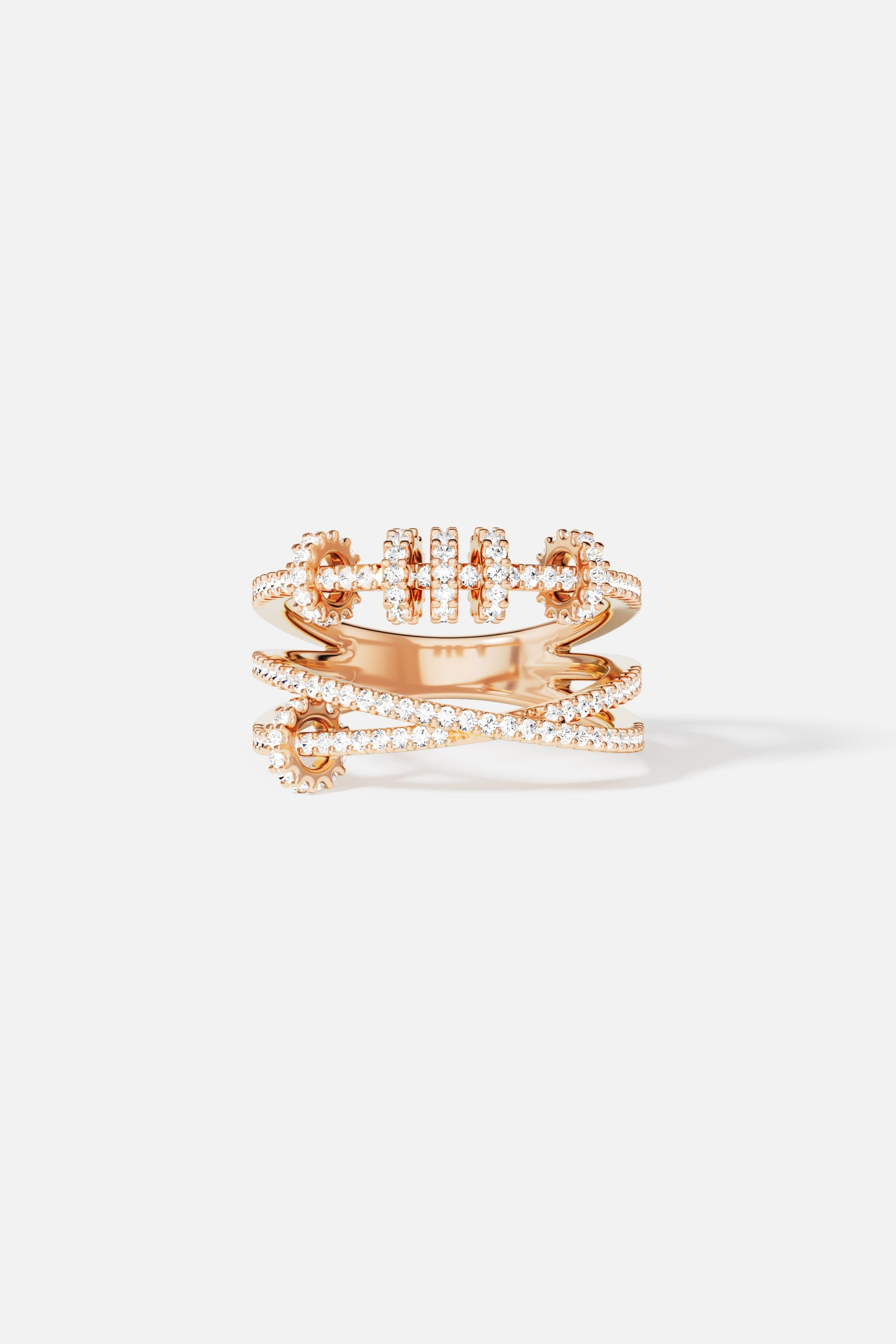 Rings APM Monaco rose gold triple ring with sliding hoops and pavé diamonds.