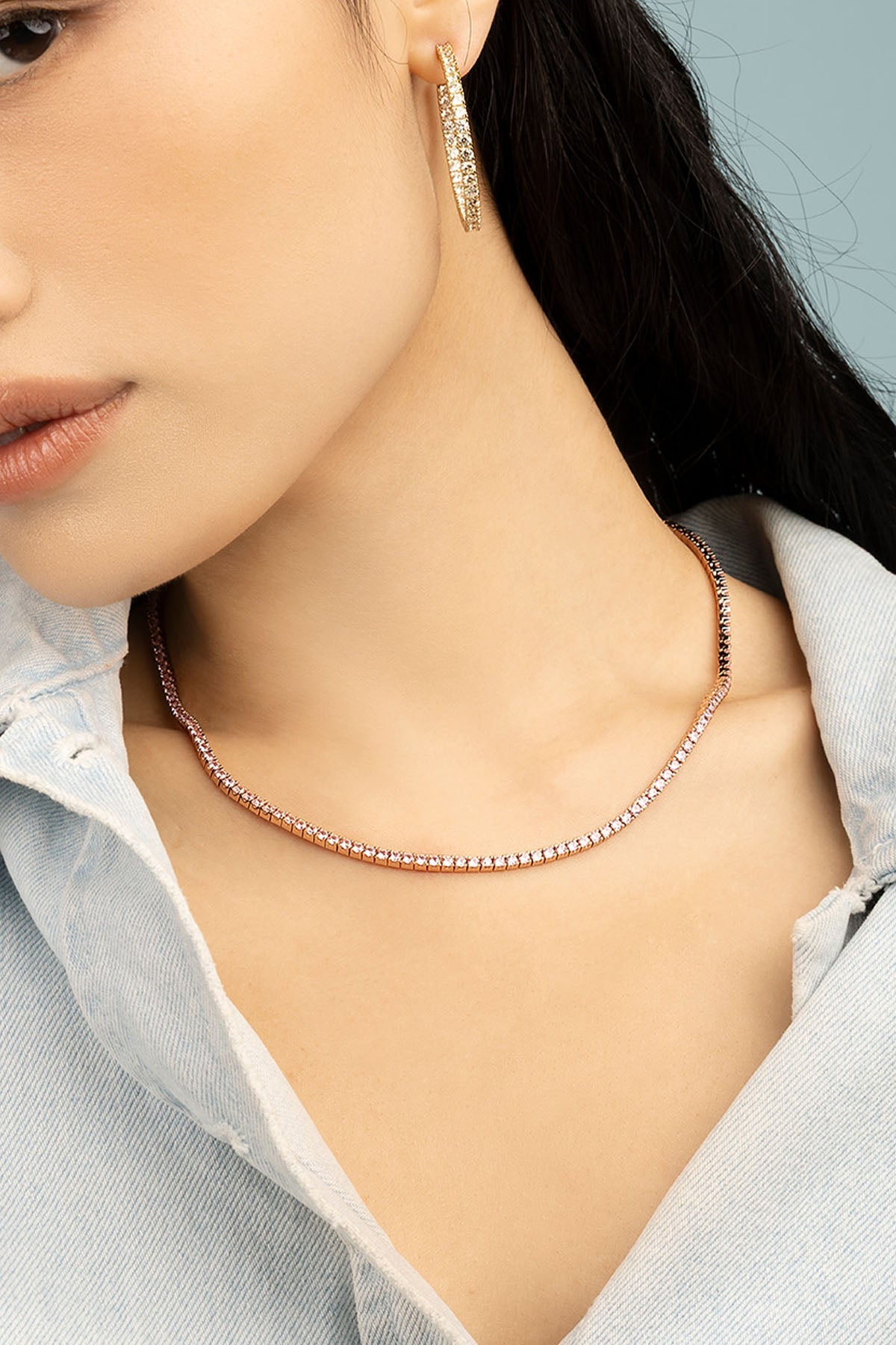 Necklaces APM Monaco, rose gold pavé choker necklace with a delicate chain; includes matching gold hoop earrings.