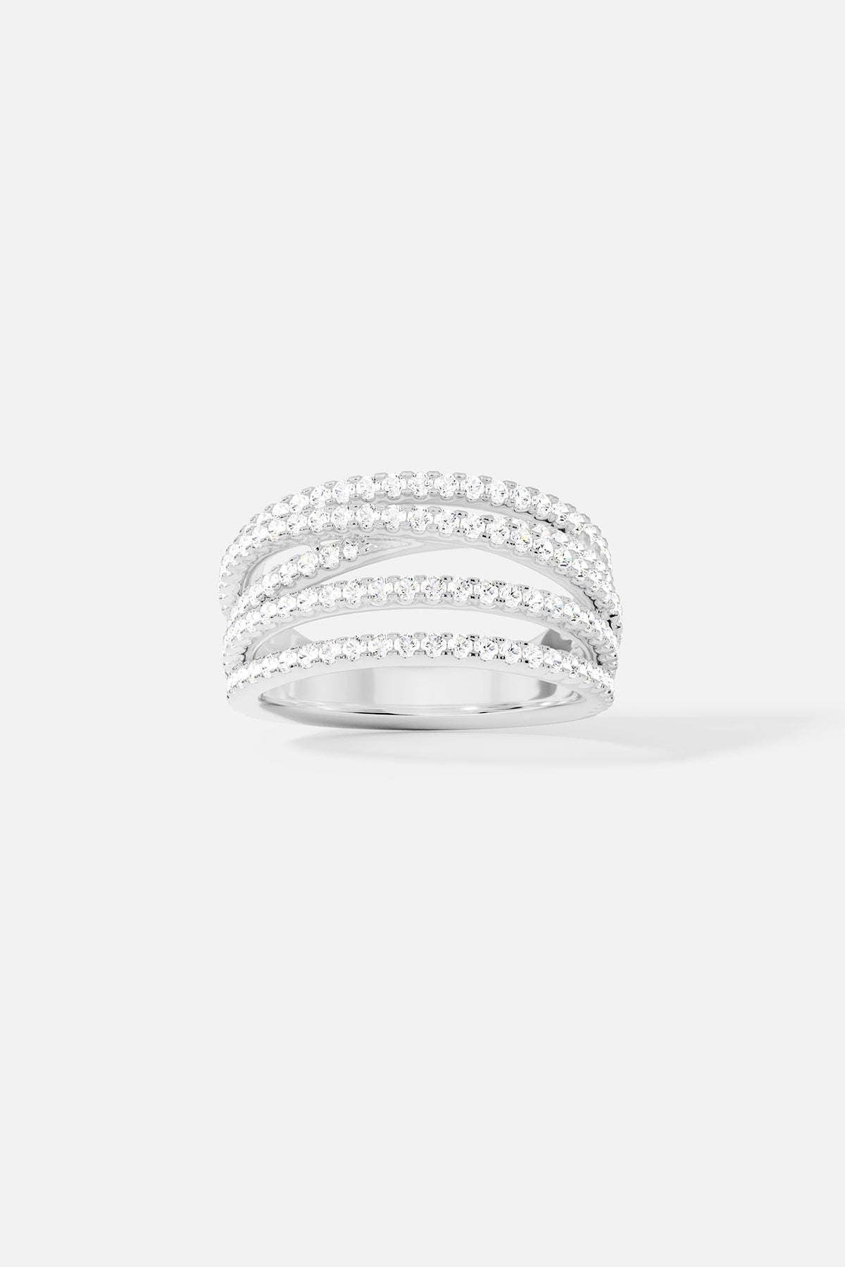 Rings APM Monaco, a silver-tone ring featuring five interlocking pavé bands set with clear stones.