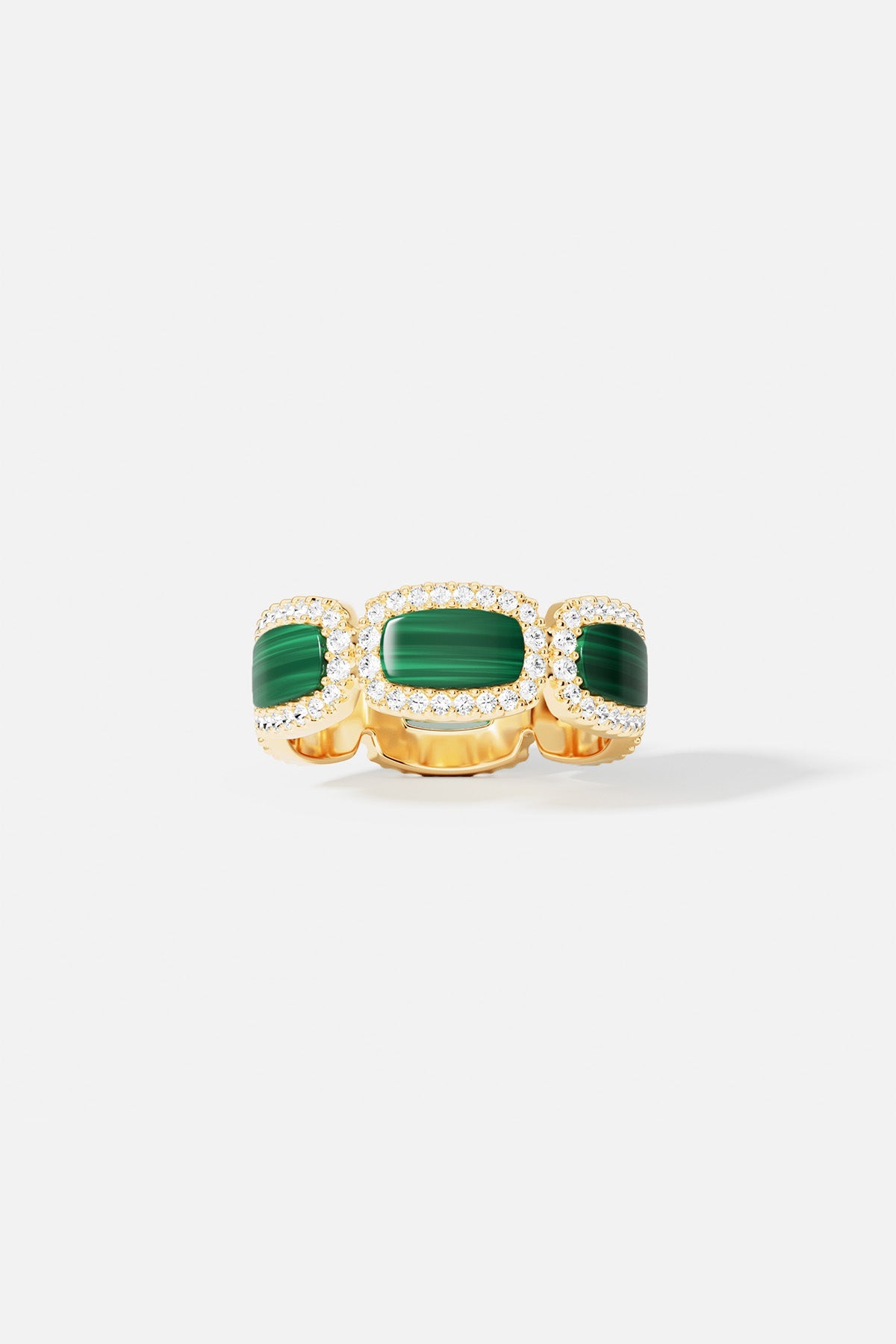 Rings APM Monaco: gold-tone ring with three malachite stones, each haloed by clear stones.