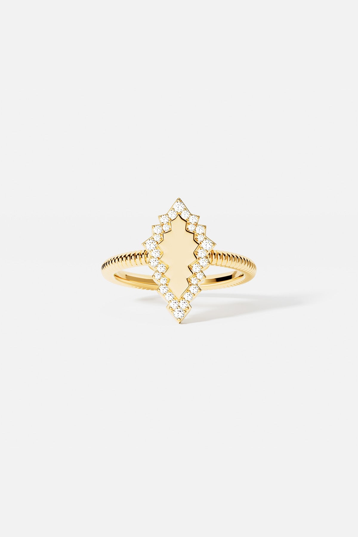 Ring APM Monaco yellow gold pavé ring with a white diamond-studded rhombus face.