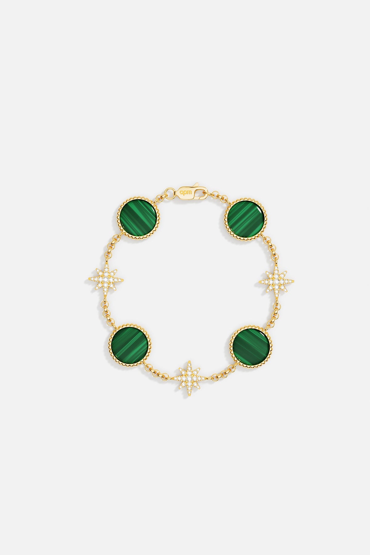 Bracelets APM Monaco bracelet in yellow gold tone featuring green malachite stones and star-shaped diamond clusters.