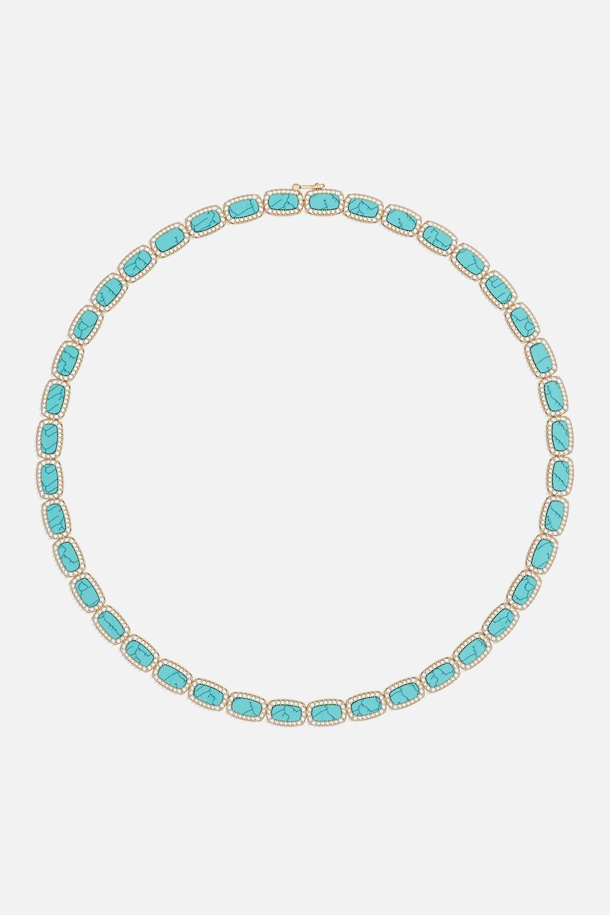Necklaces APM Monaco, yellow gold choker with rectangular lagoon turquoise stones surrounded by clear pavé.