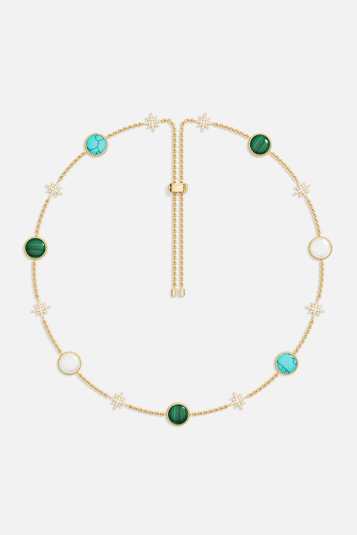 Necklaces APM Monaco: gold-tone adjustable necklace with turquoise, green, and white gems and diamond star accents.