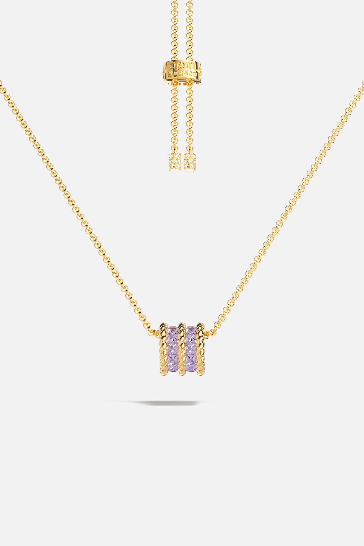 APM MONACO lilac torsade adjustable necklace in yellow gold on white background