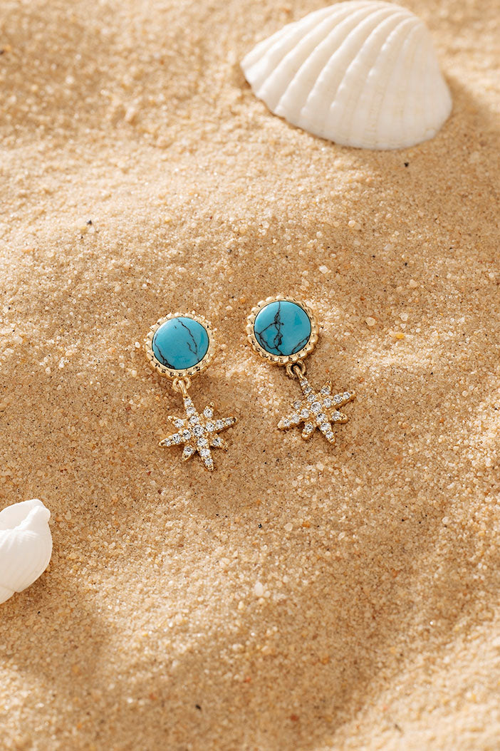 Earrings APM Monaco, Yellow Gold setting with lagoon turquoise stone and a star-shaped drop.