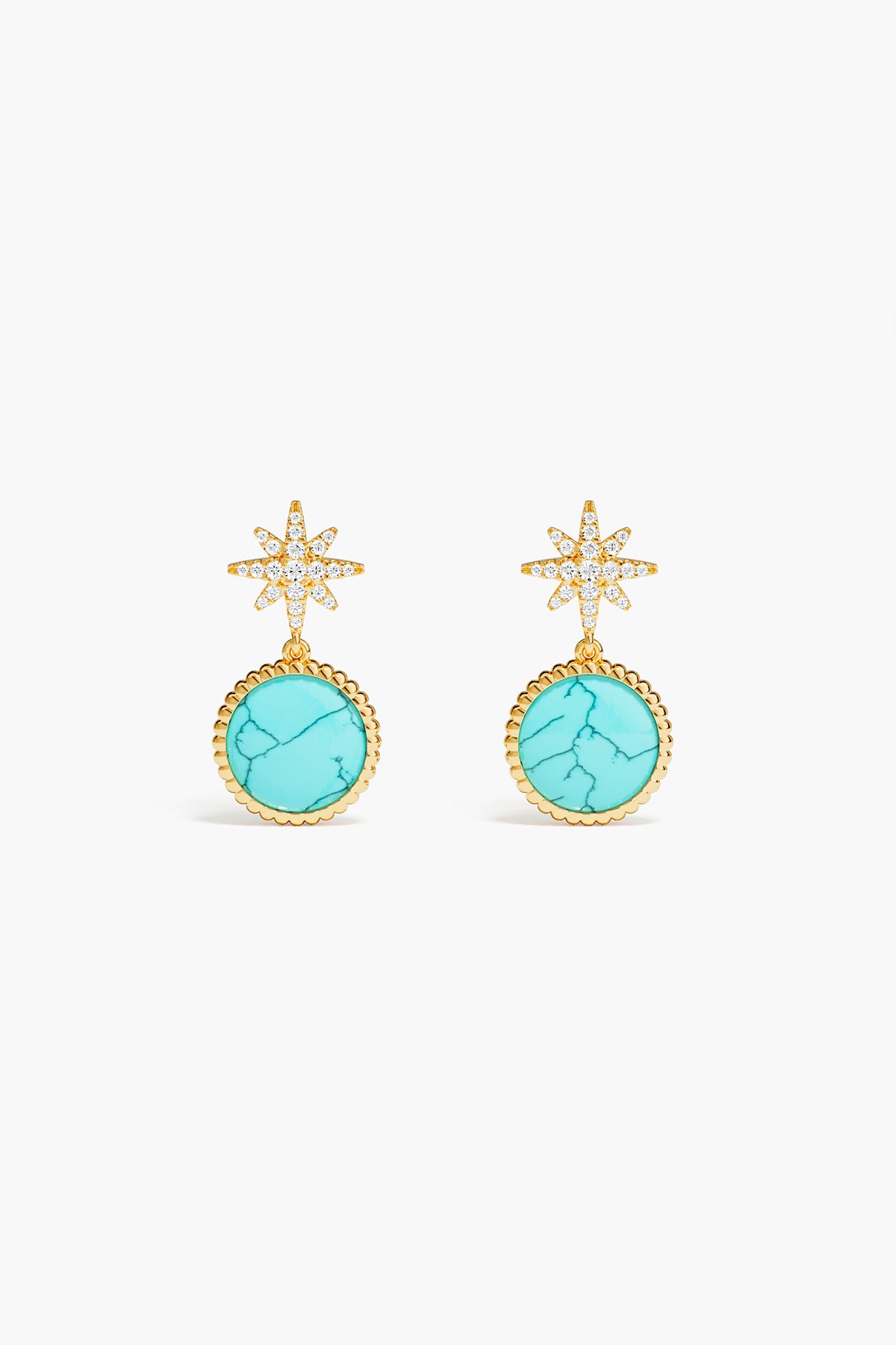 Pair of earrings with turquoise stones and gold accents on a white background