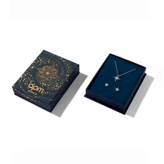 Necklaces APM Monaco: silver chain with star pendant; Earrings APM Monaco: silver star studs; open blue velvet jewelry box.