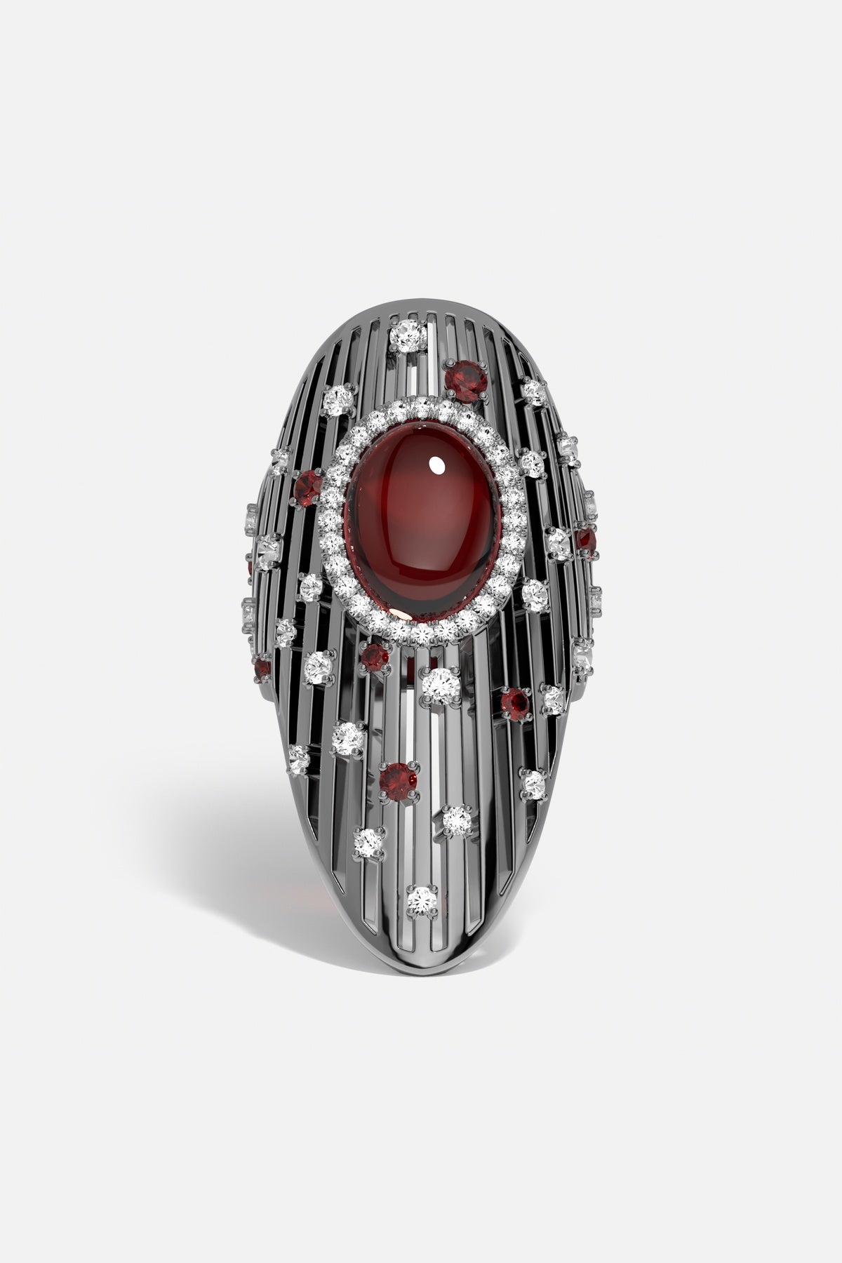 APM Ring, a bold ruby glow scattered with starlit sparkle.
