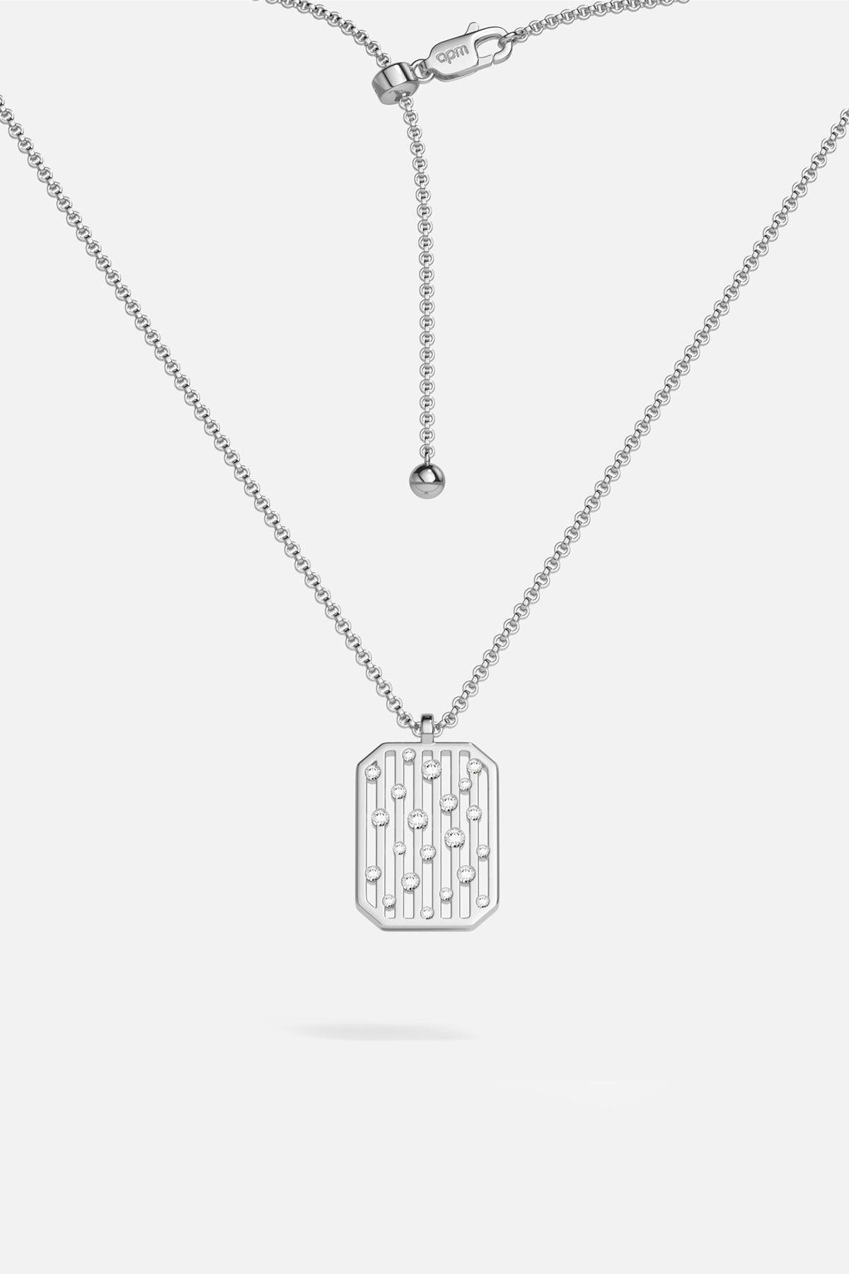 APM pendant necklace in rhodium finish, an octagonal charm shimmering with modern poise.