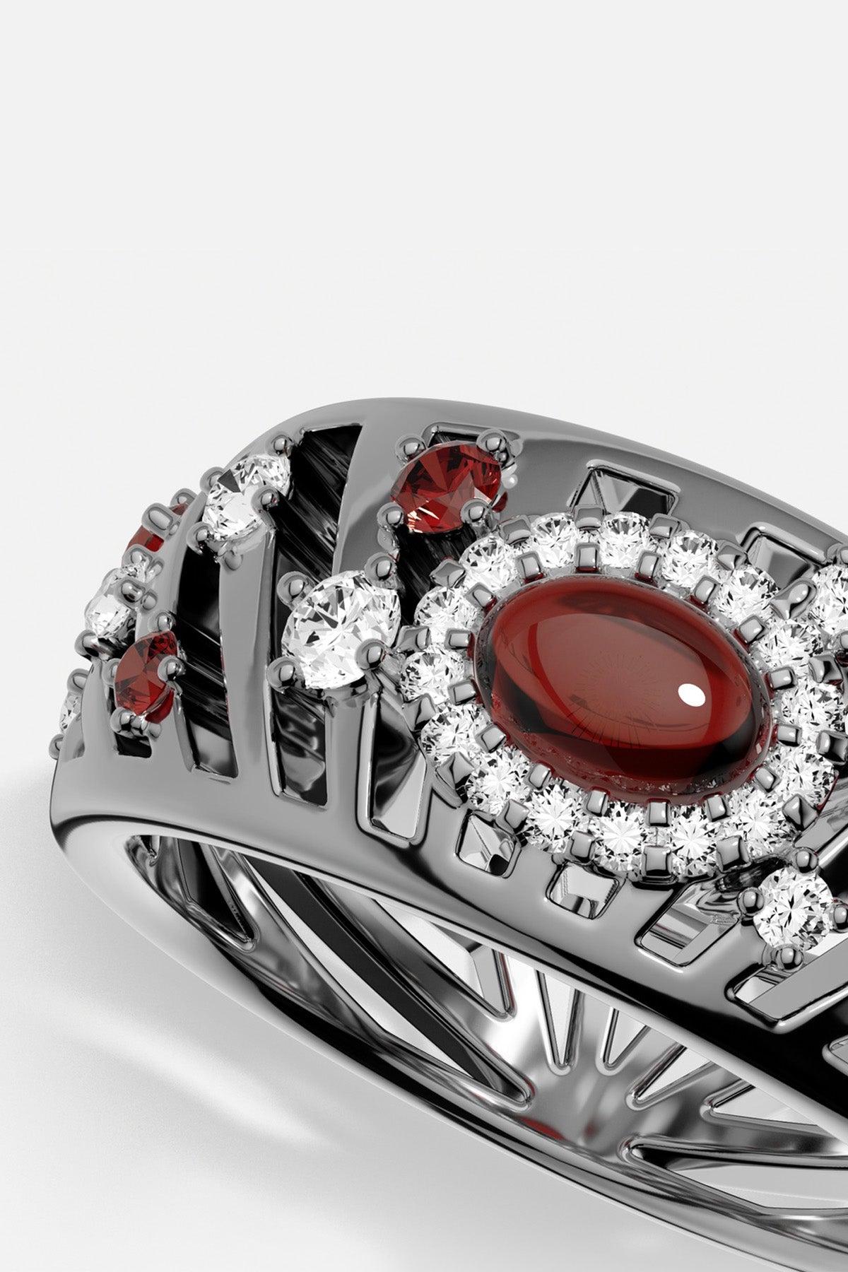 APM Ring in rhodium finish, deep red glow surrounded by a shimmering halo.