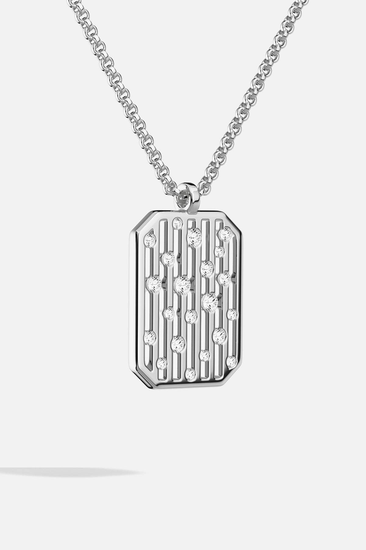 APM Pendant Necklace, a luminous rhodium finish charm with modern architectural allure.