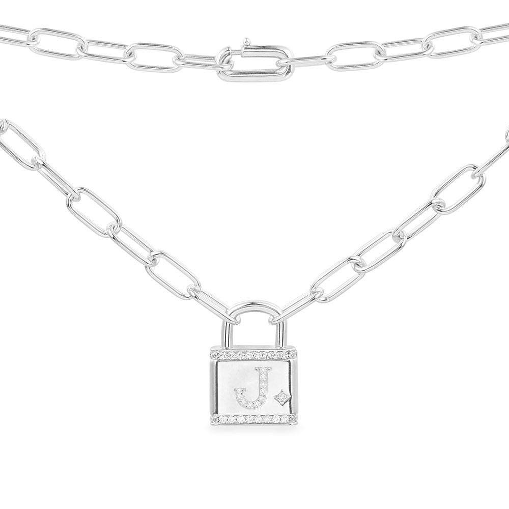 Necklaces APM Monaco: white chain with a square padlock pendant featuring the letter J and small diamonds.