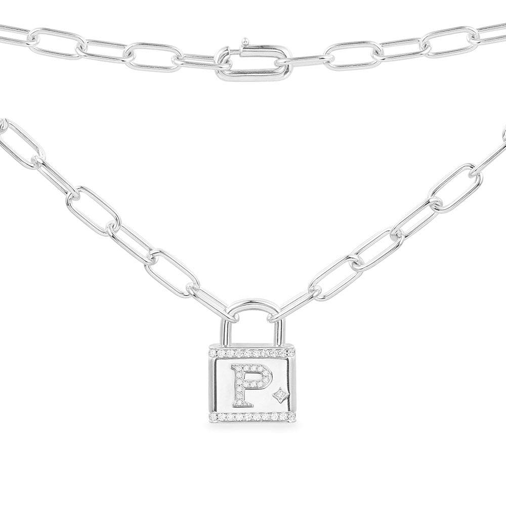 Necklaces APM Monaco white metal chain necklace with a small lock-shaped charm.