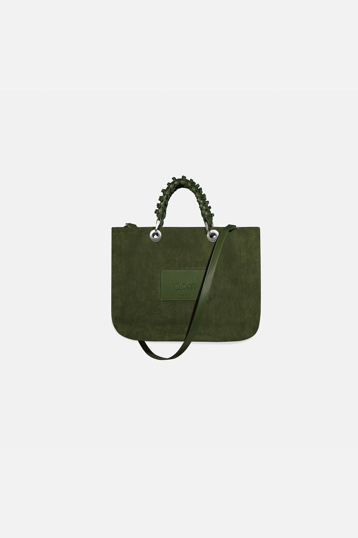 Green handbag with a strap on a light gray background