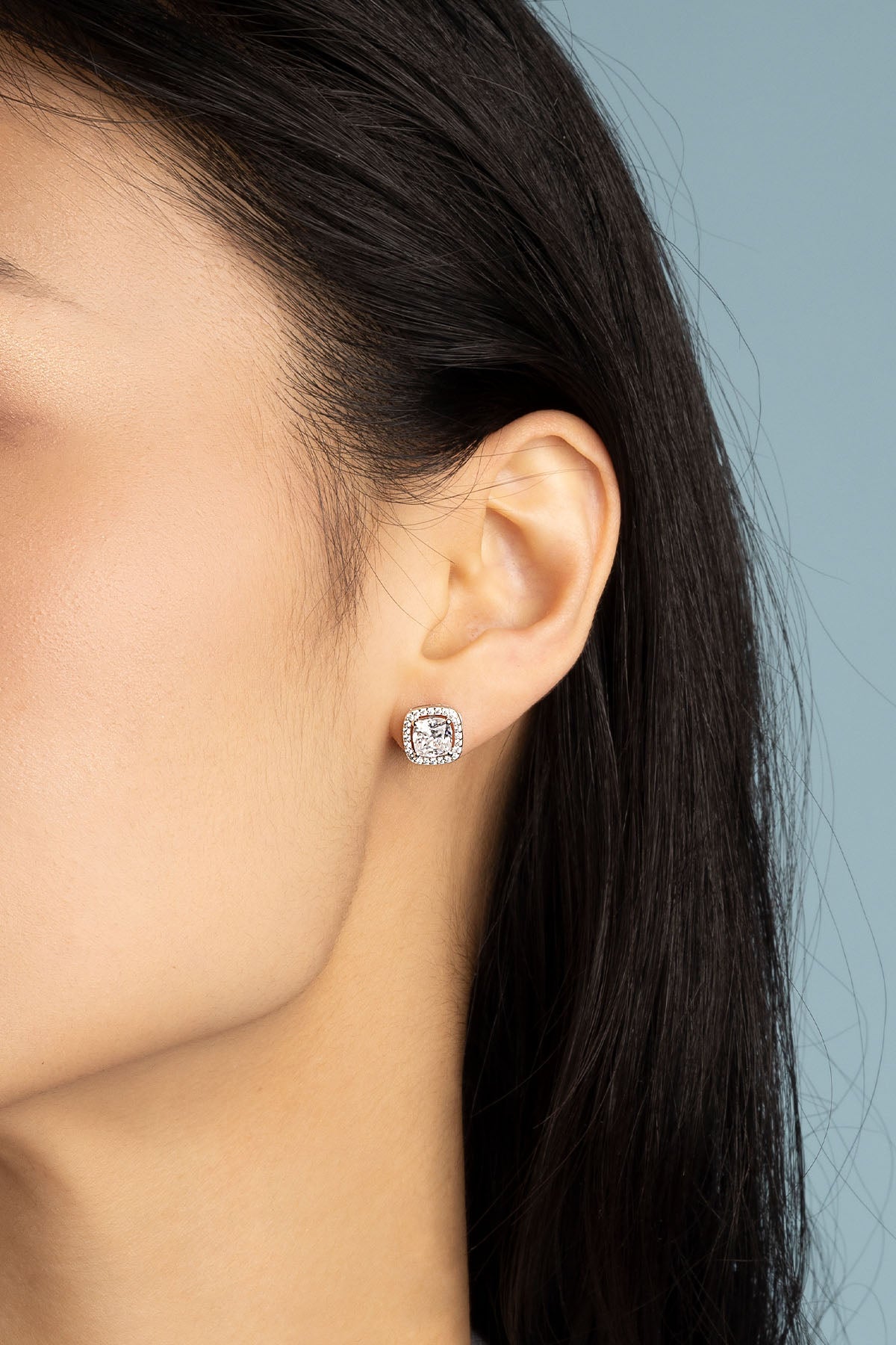 Earrings APM Monaco square stud with pavé white crystals.