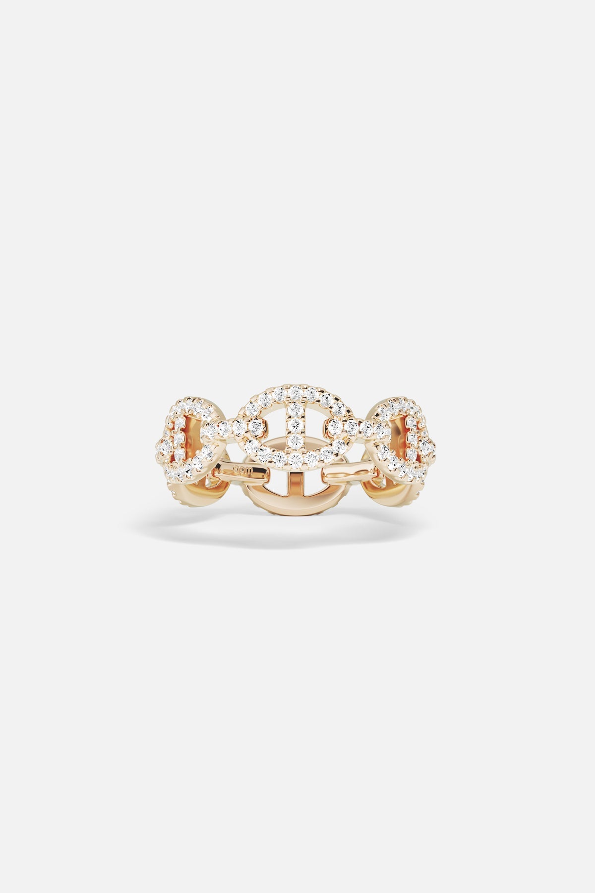 Rings APM Monaco rose gold maille marine ring with a distinctive linked chain design and pave white cubic zirconia.