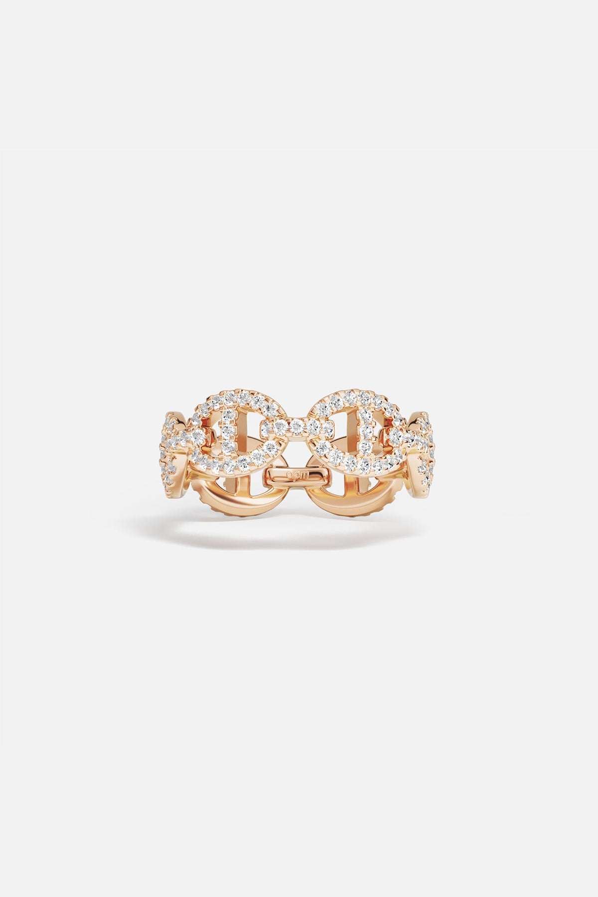 Rings APM Monaco rose gold maille marine ring with a distinctive linked chain design and pave white cubic zirconia.