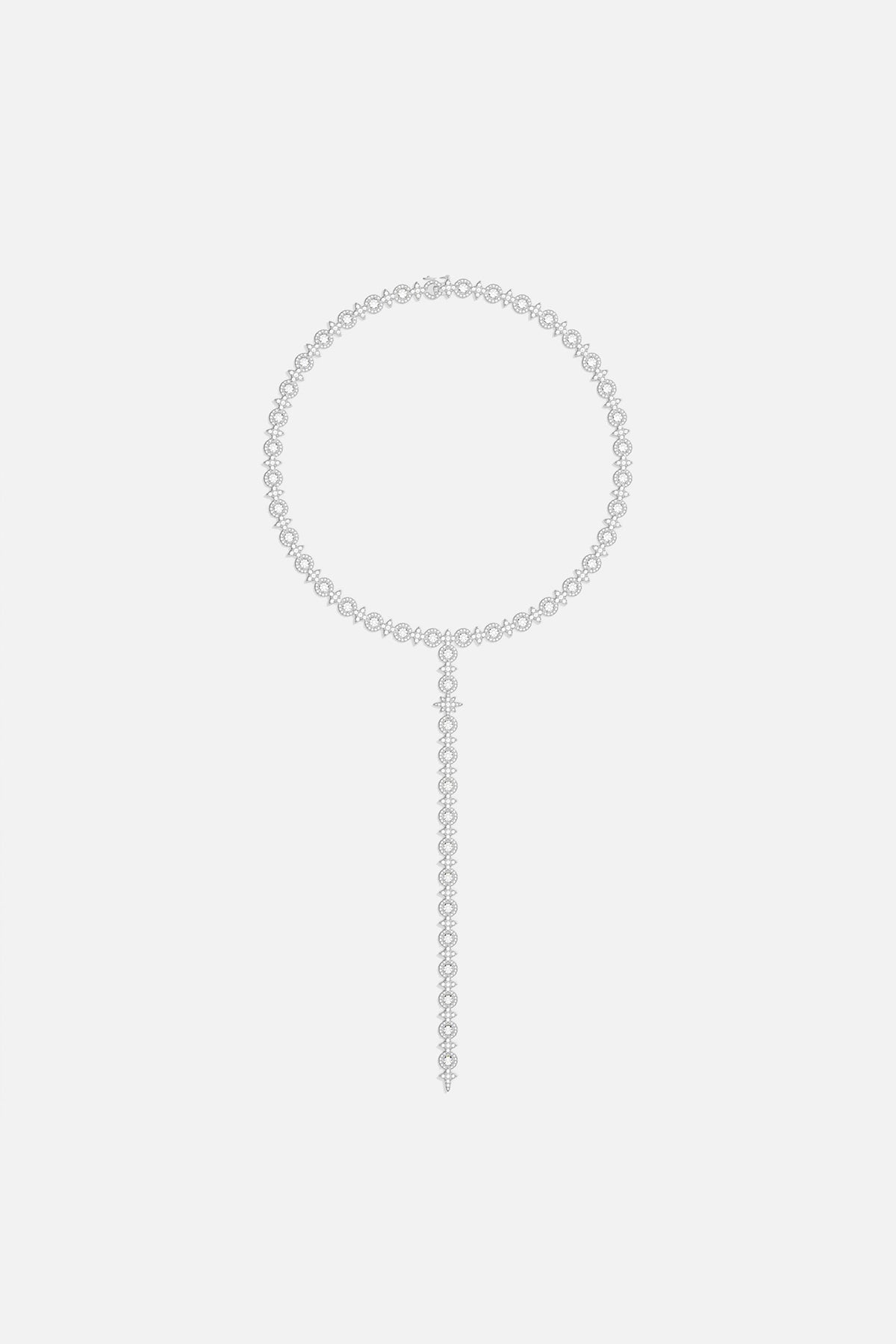 Necklaces APM Monaco. Silver-tone-tone choker with circular link band and elongated strand featuring pavé circles and teardrop stones in a Y-drop design.