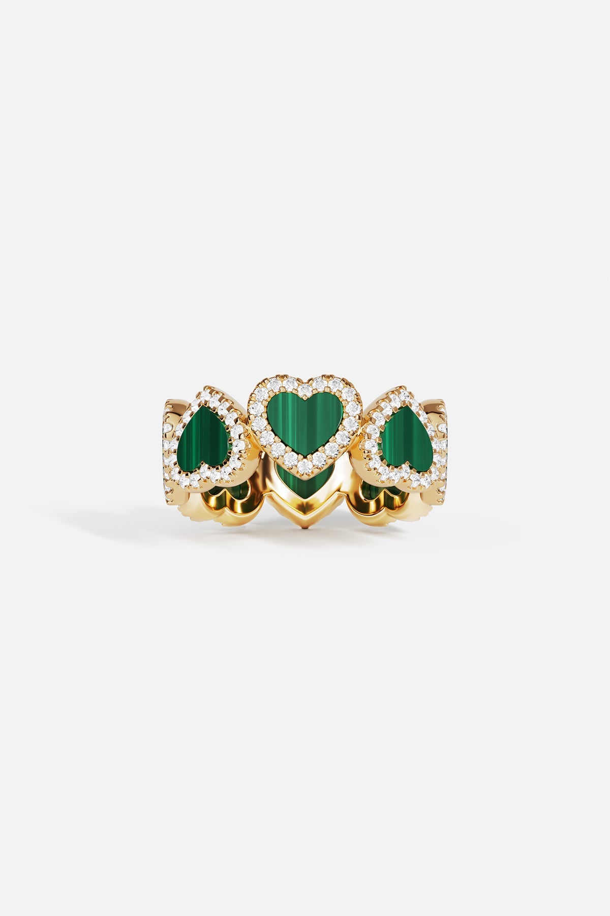 Rings APM Monaco, yellow gold ring featuring three malachite-green heart shapes, each outlined with clear stones.
