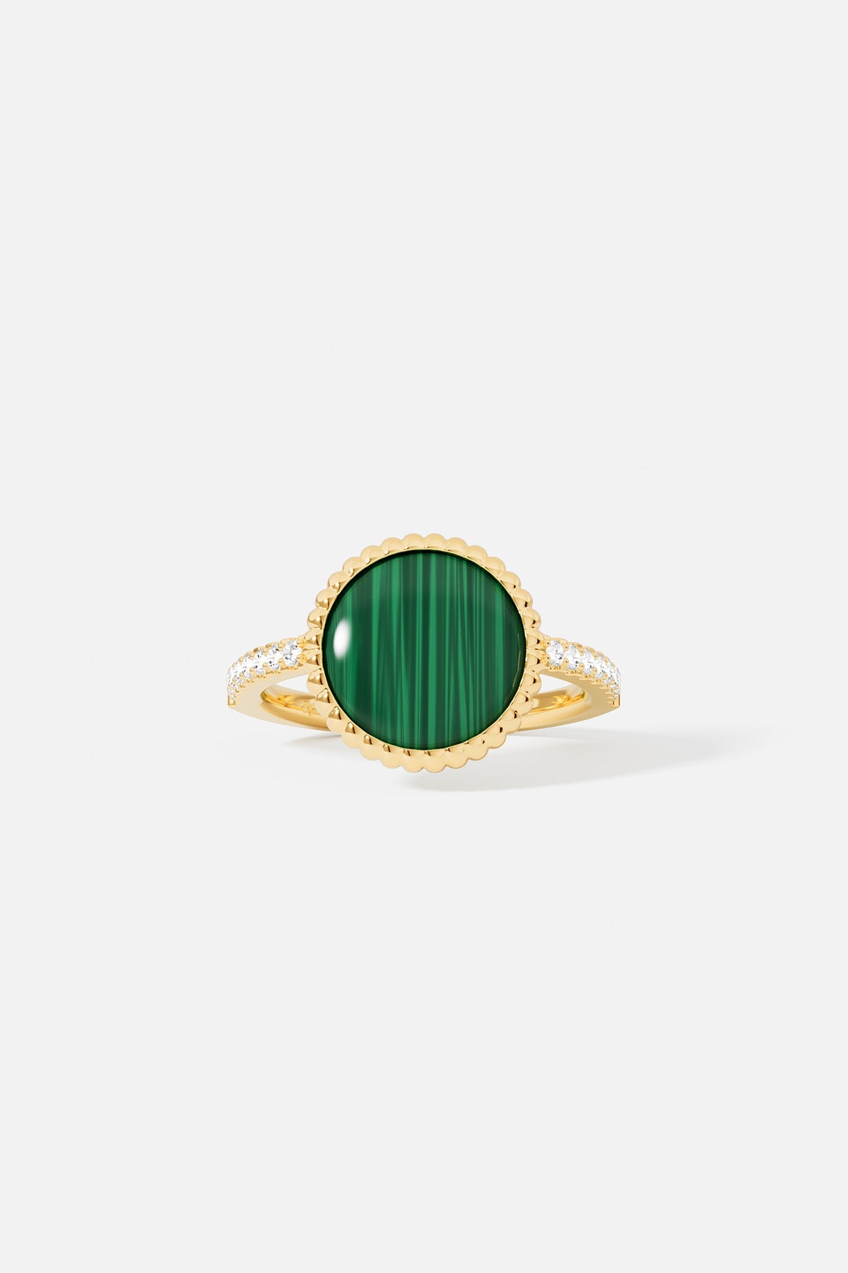 Rings APM Monaco malachite ring with pave diamonds, green centerpiece in a gold setting.