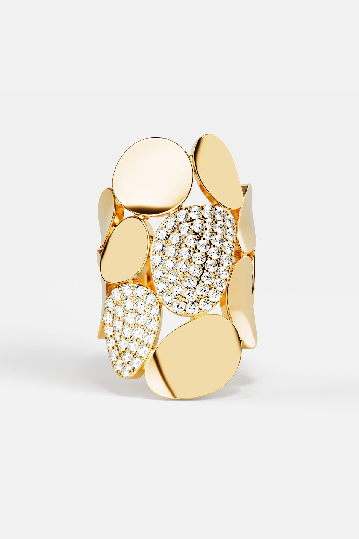 Rings APM Monaco: Yellow-gold statement ring with polished pebble-shaped elements and diamond-paved oval accents.