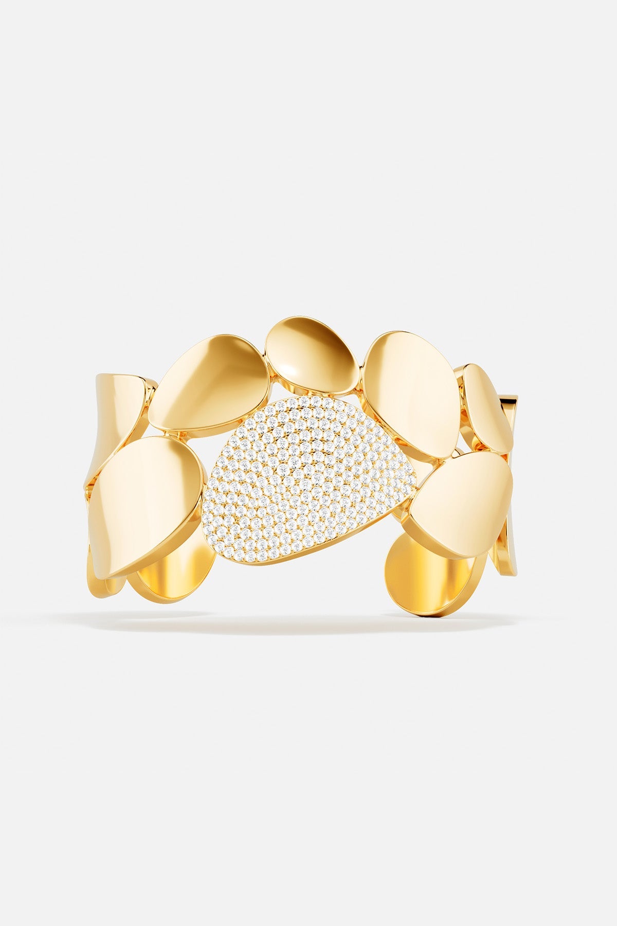 Bracelets APM Monaco yellow gold cuff bracelet with a pavé white diamonds panel on a galet-style centerpiece.