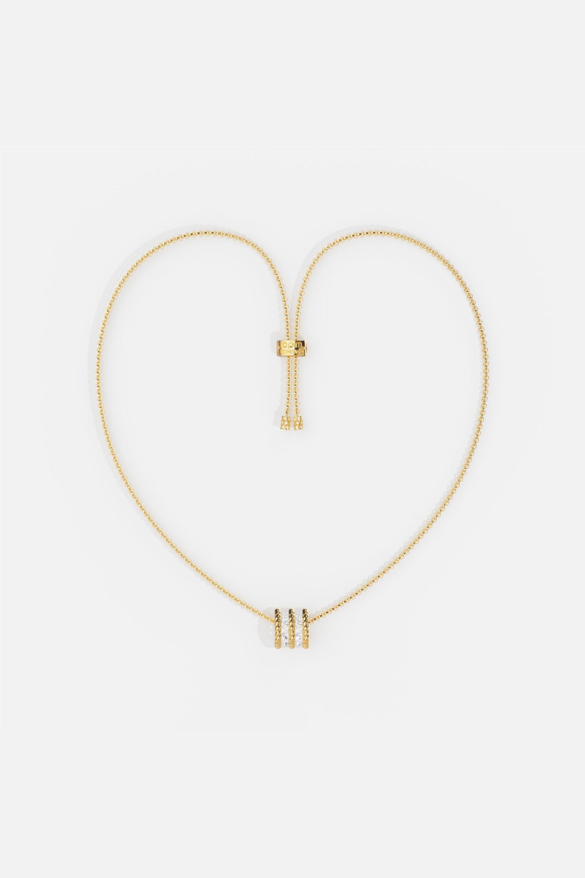 APM MONACO yellow gold adjustable necklace with white stones on a white background