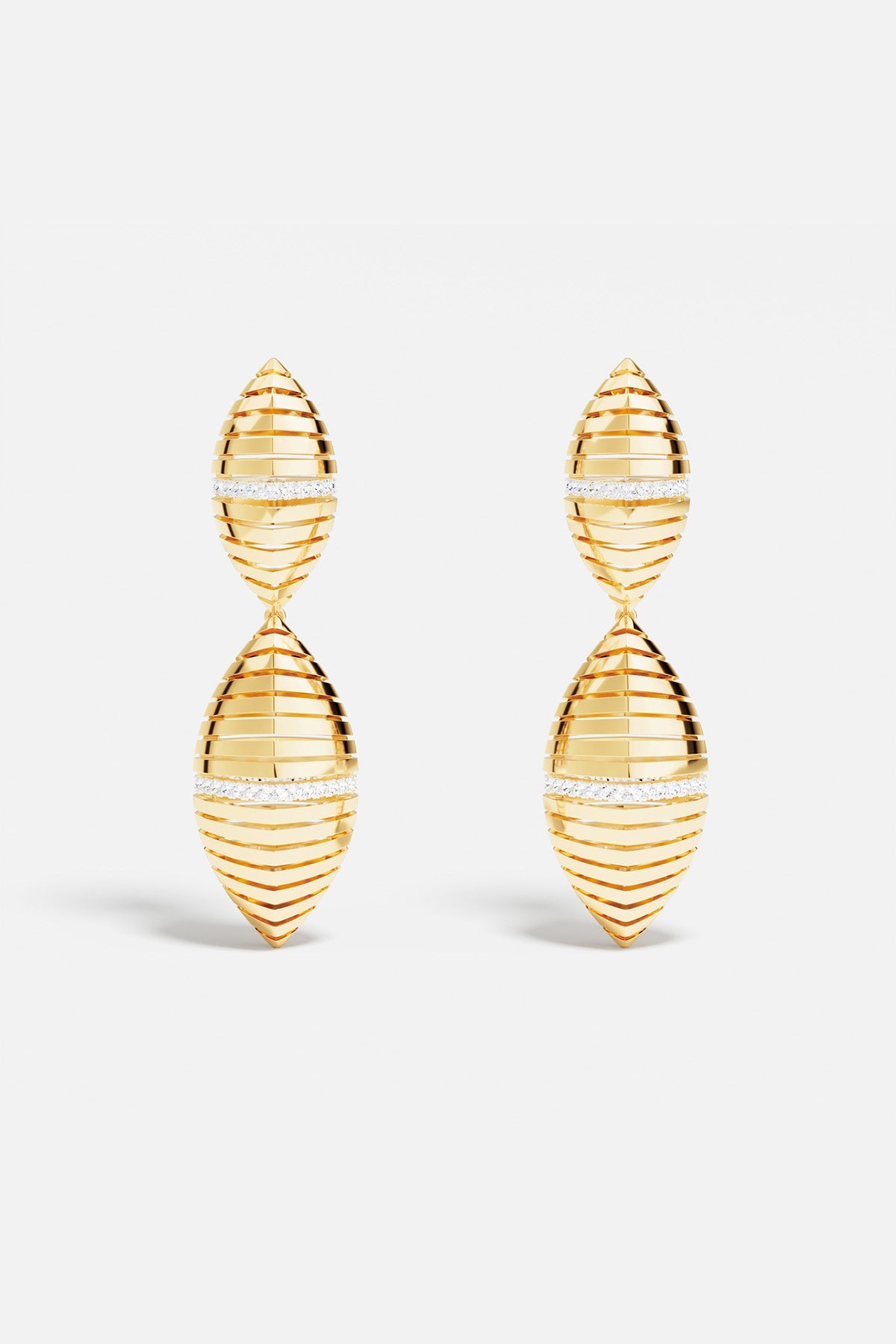 Earrings APM Monaco, yellow gold statement sunray design with white diamonds.