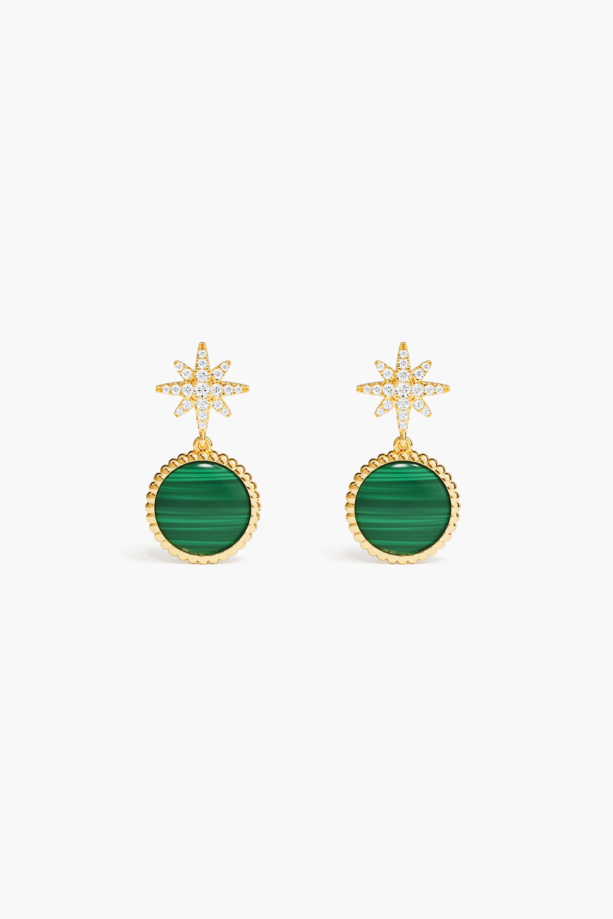 Gold earrings with green round stones on a white background